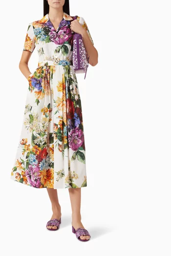 Flower Bouquet-print Midi Dress in Cotton-poplin