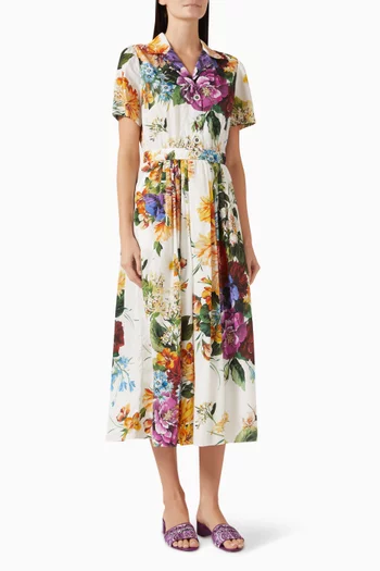Flower Bouquet-print Midi Dress in Cotton-poplin