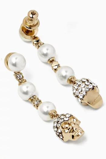 Pearl Skull Drop Earrings in Gold-tone Metal