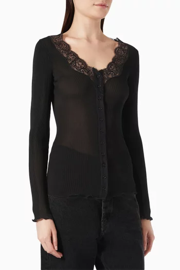 Lace-trim Cardigan in Ribbed Silk