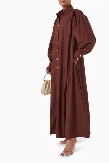 فستان متوسط الطول بنمط قميص بأكمام منفوخة قطن بوبلين