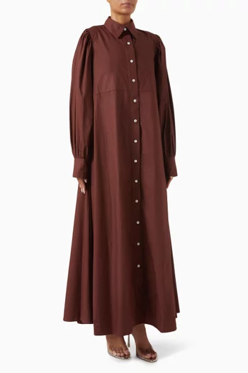 فستان متوسط الطول بنمط قميص بأكمام منفوخة قطن بوبلين