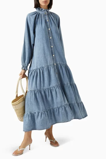 Ruffled Midi Dress in Denim