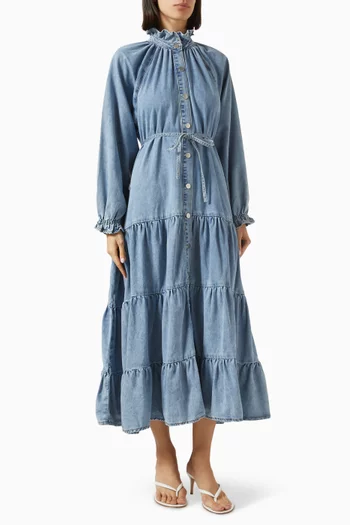 Ruffled Midi Dress in Denim