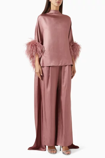 Feather-embellished High-low Top in Silk-twill