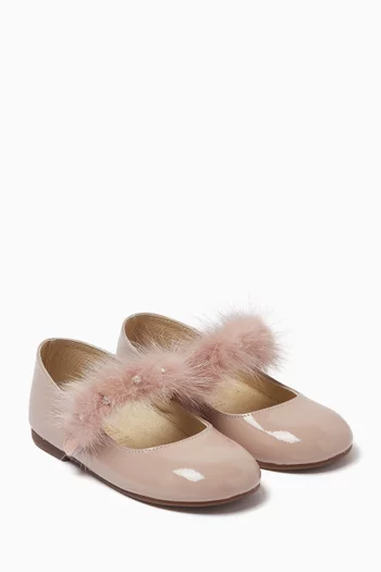 JG MINK FUR BAND WITH CRYSTALS  DECORATED BAND  EMBELLISHED PATENT LEATHER SINGLE STRAP BALLERINAS:Light/Pastel Pink:24|218547519