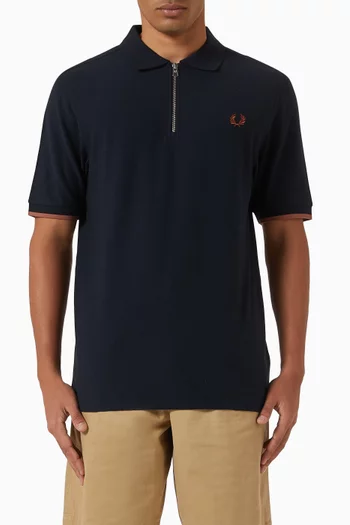 Zip Neck Polo Shirt in Crepe-piqué