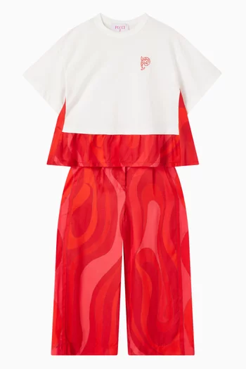 تي شيرت بقصة فضفاضة ونقشة تجريدية قطن