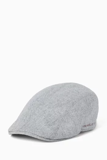 Embroidered Flat Cap in Virgin Wool Flannel