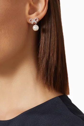 Crystal Bow Pearl Jacket Earrings in Silver-plated Brass