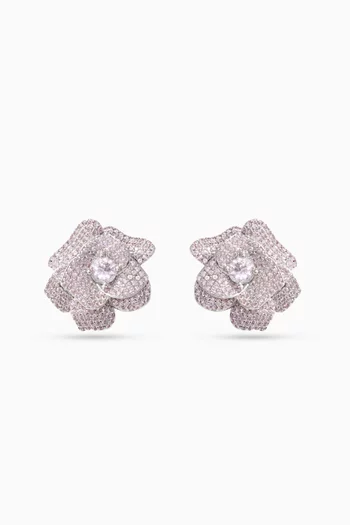Crystal Flower Stud Earrings in Silver-plated Brass