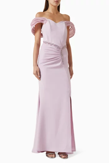 Embellished Off-shoulder Dress in Stretch-crepe