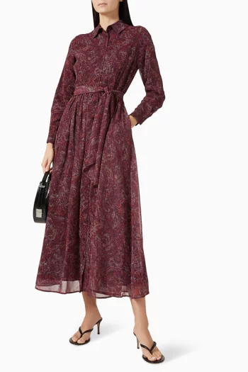 Brush Pattern Belted Midi Dress in Chiffon