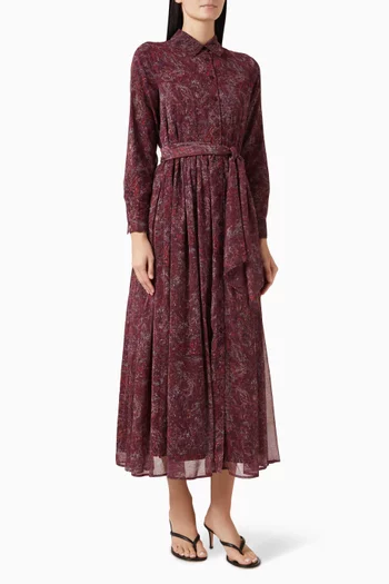 Brush Pattern Belted Midi Dress in Chiffon