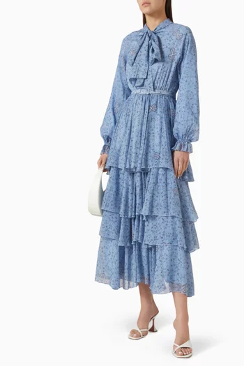 Spring Pattern Layered Midi Dress in Chiffon