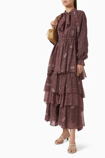 Spring Pattern Layered Midi Dress in Chiffon