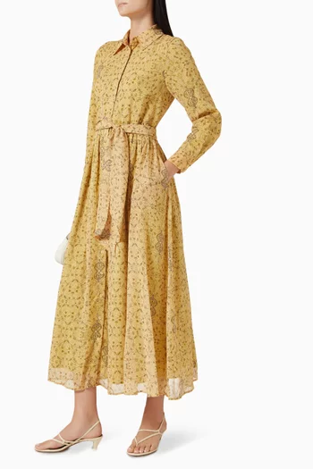 Spring Pattern Belted Midi Dress in Chiffon