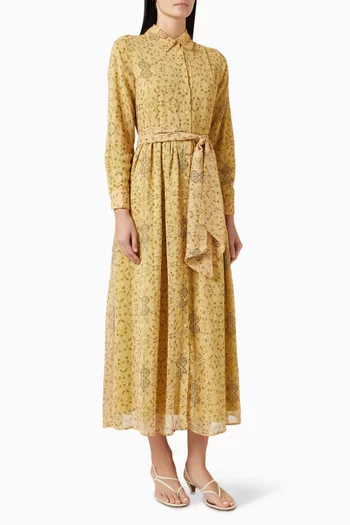 Spring Pattern Belted Midi Dress in Chiffon