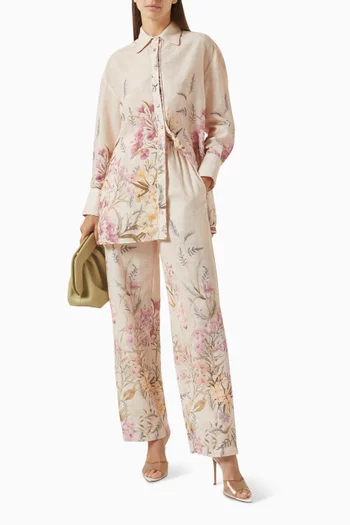 Floral-print Shirt & Pants Set in Linen