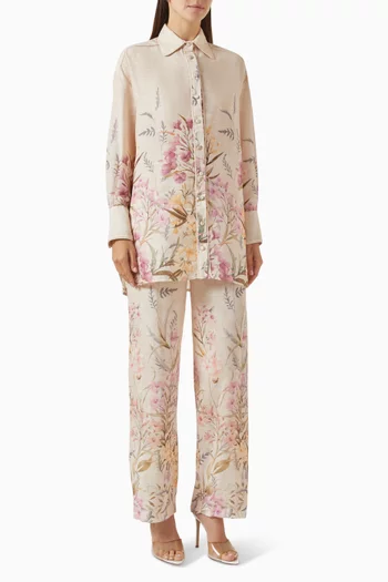 Floral-print Shirt & Pants Set in Linen