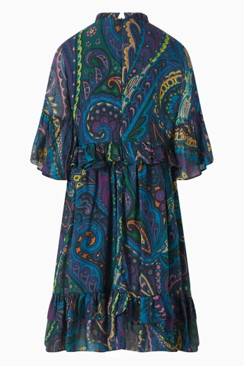 فستان منسوج مزين بالكامل بنقشة وكشكش