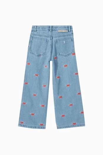 Embroidered Wide-leg Pants in Denim
