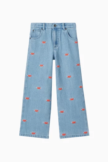 Embroidered Wide-leg Pants in Denim