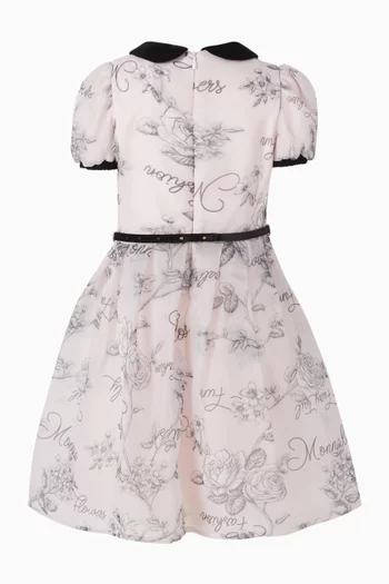 Flower-print Bow Waist Dress in Organza