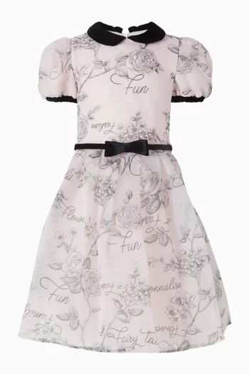 Flower-print Bow Waist Dress in Organza