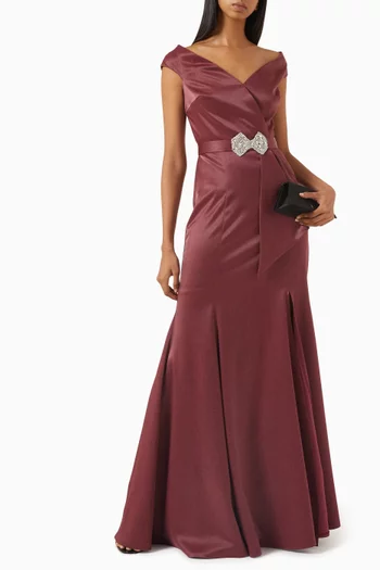 Crystal-buckle Off-shoulder Gown