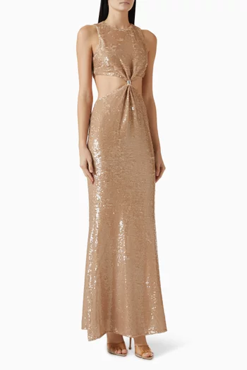 فستان سهرة تاشي مزين بفتحات وتطريز بالترتر