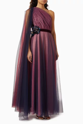 فستان سهرة بكتف مكشوف تول