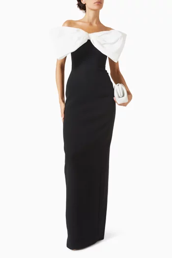 فستان سهرة بدون حمالات مزين بعقدة