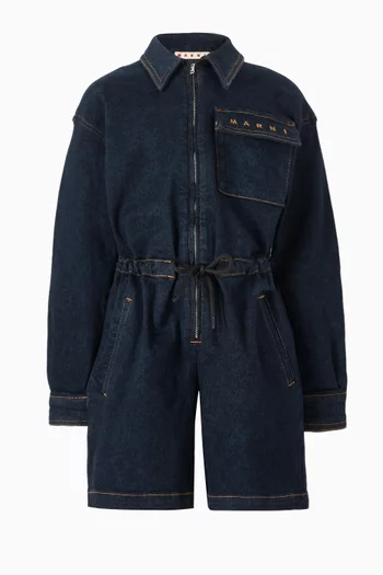 Embroidered-logo Playsuit in Denim