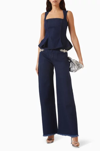 بلوزة بفتحة رقبة مربعة وحافة على شكل جرس دينم