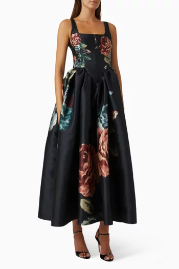 Flower Printed Princess Dress in Mikado