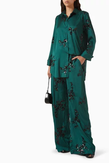 Embroidered Pyjama-style Pants in Satin