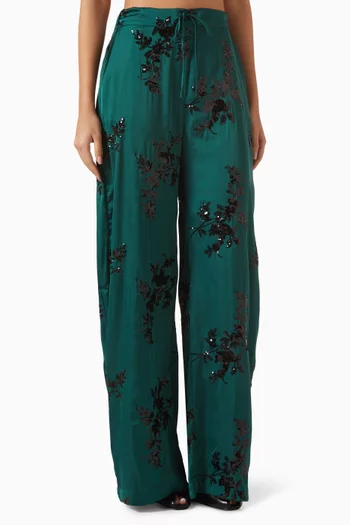 Embroidered Pyjama-style Pants in Satin