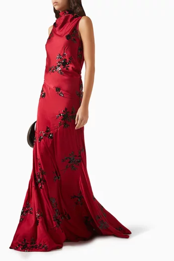 تنورة بقصة مائلة وحافة بنمط حورية البحر مطرزة ستان