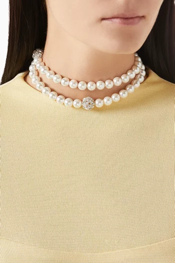 Strass & Pearl Wrap-around Necklace in 24kt Gold-plated Brass