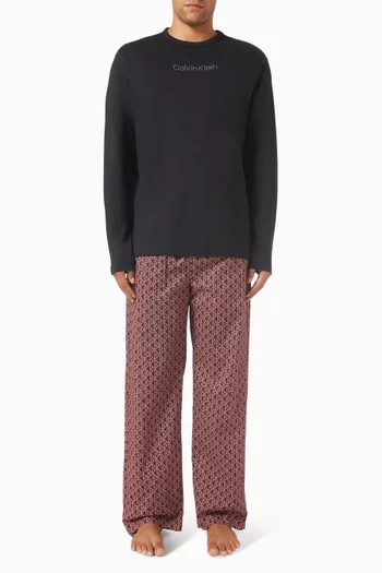 طقم بيجاما بشعار الماركة طويل قطن بوبلين