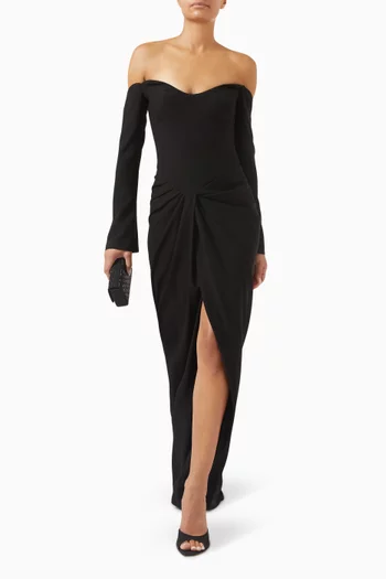 Off-the-shoulder long sleeves dress, featuring a draped waistline and a slit in the middle:BLK:46|218642414