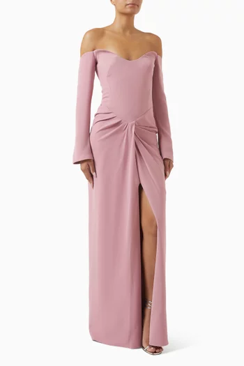 Off-the-shoulder long sleeves dress, featuring a draped waistline and a slit in the middle:Pink    :44|218642407
