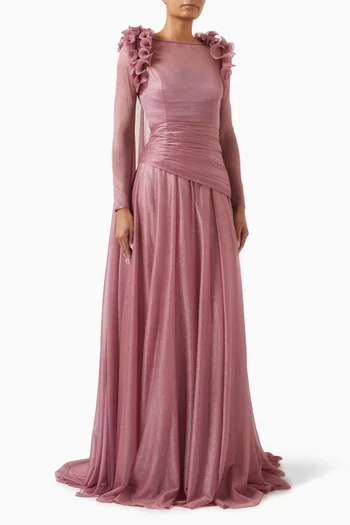 Strapless dress paired with a detachable sheer long sleeves top with floral details on the shoulder:Pink    :46|218642426