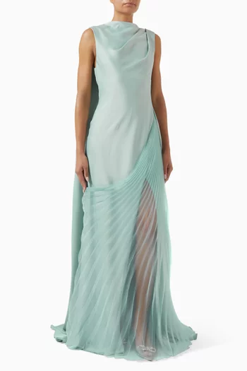 Slim-cut draped dress with an asymmetrical sheer overskirt, a slit on the side with a cape:Light/Pastel Blue:40|218642429
