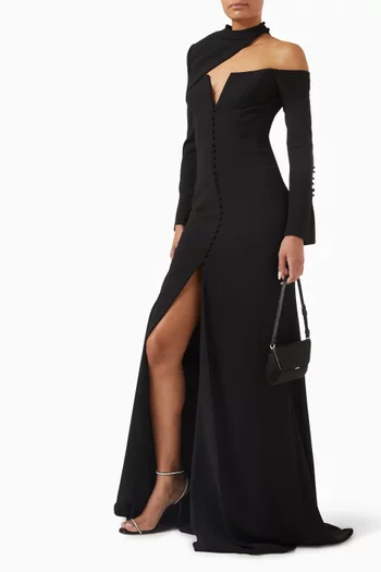 Off-the-shoulder dress paired with asymmetrical top, featuring a buttoned down front and a slit in the middle:BLK:36|218642457