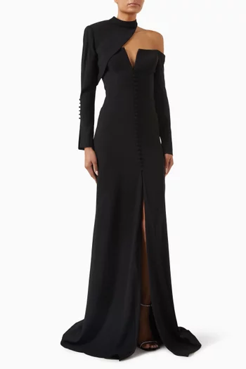 Off-the-shoulder dress paired with asymmetrical top, featuring a buttoned down front and a slit in the middle:BLK:36|218642457