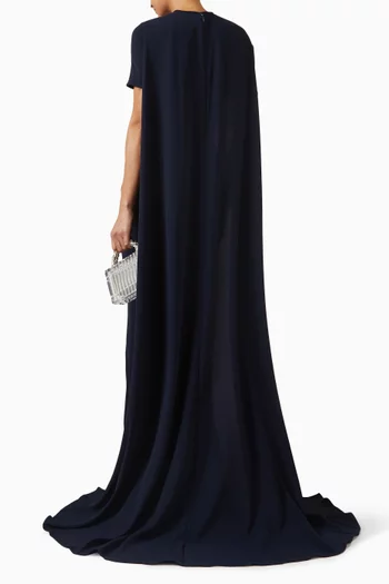 Slim-cut dress featuring a see-through under-bust and a long cape, paired with detachable sheer sleeves with floral details:Navy    :38|218642389