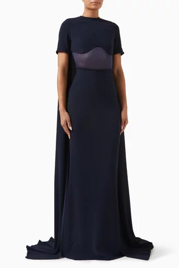 Slim-cut dress featuring a see-through under-bust and a long cape, paired with detachable sheer sleeves with floral details:Navy    :38|218642389