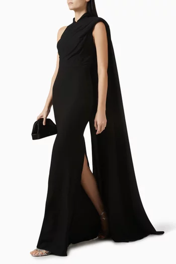 Padded-shoulder Cape Dress in Crepe